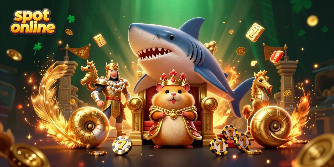 Slot online menarik dengan raja hamster emas dan penjaga kuda laut di latar belakang kasino