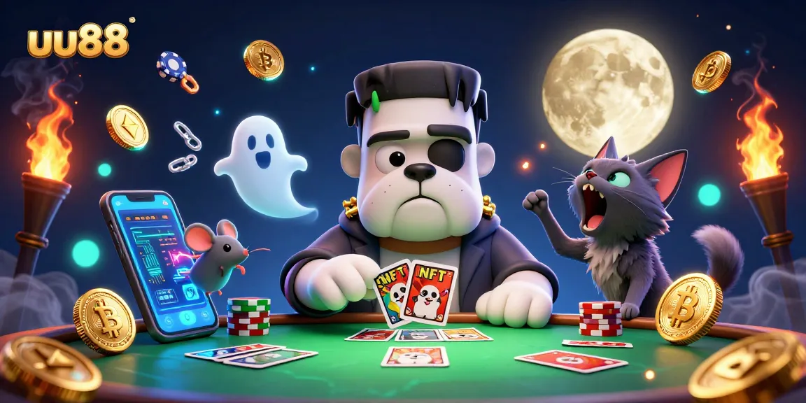 Engage with uu88's thrilling casino atmosphere featuring cartoon characters and vibrant crypto elements.