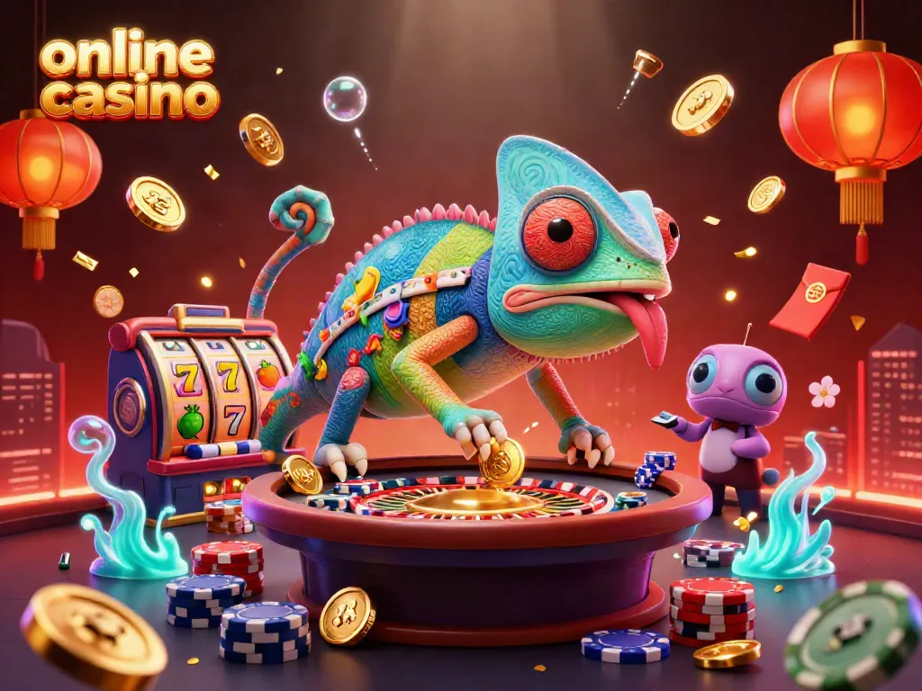 Experience the thrilling world of an online casino with a vibrant chameleon character.