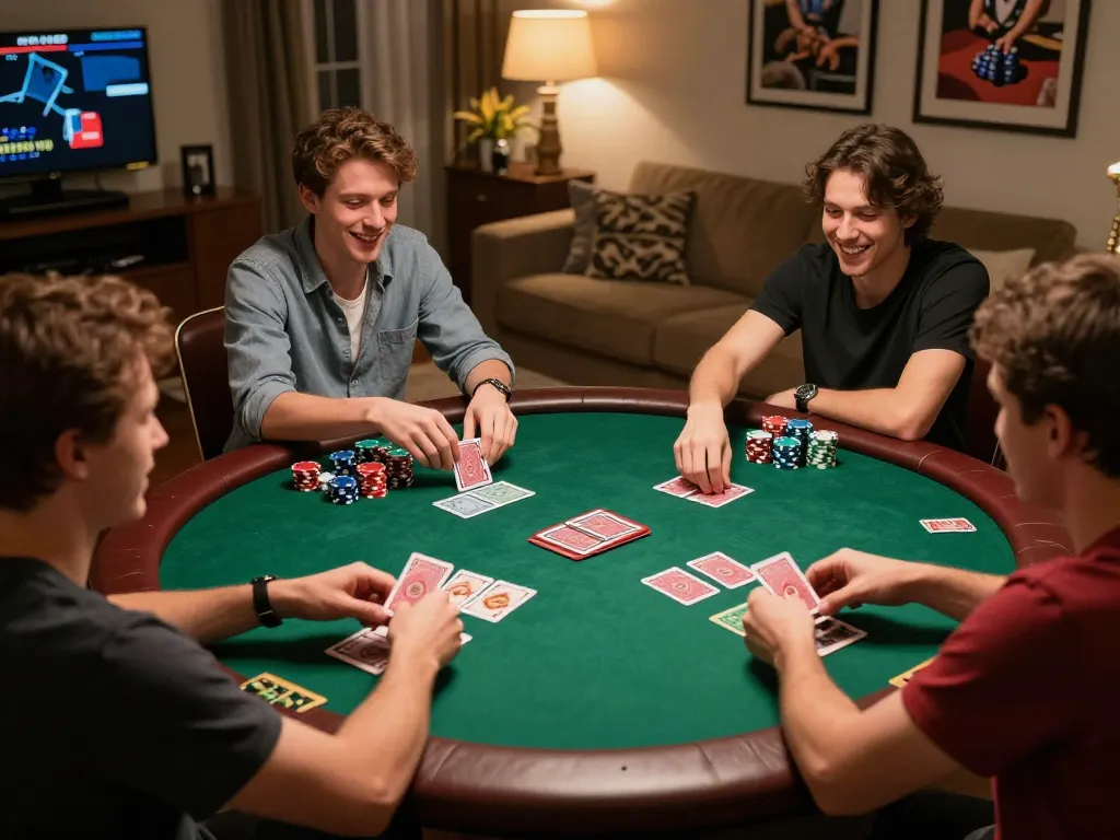 Kp88 club players enjoying a dynamic poker game in a cozy home setting with vibrant cards and chips.