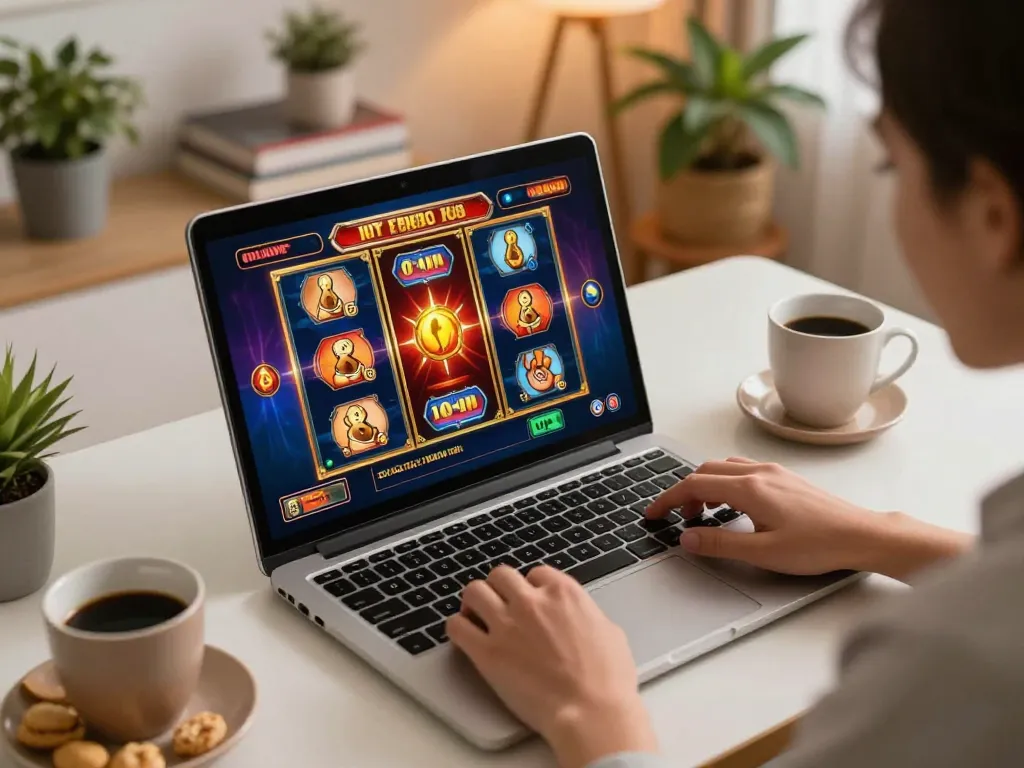Engaging gameplay of slot bonus on a laptop with snacks in a cozy home setting.