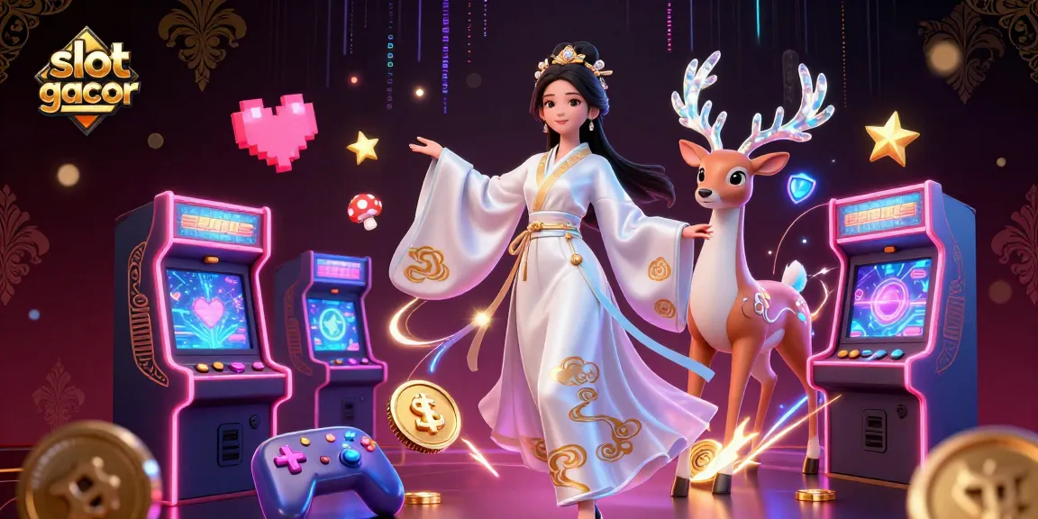 Rasakan petualangan slot gacor yang mendebarkan dengan suasana cerah menampilkan karakter 3D dalam hanfu sutra di tengah elemen permainan arcade yang bersinar.