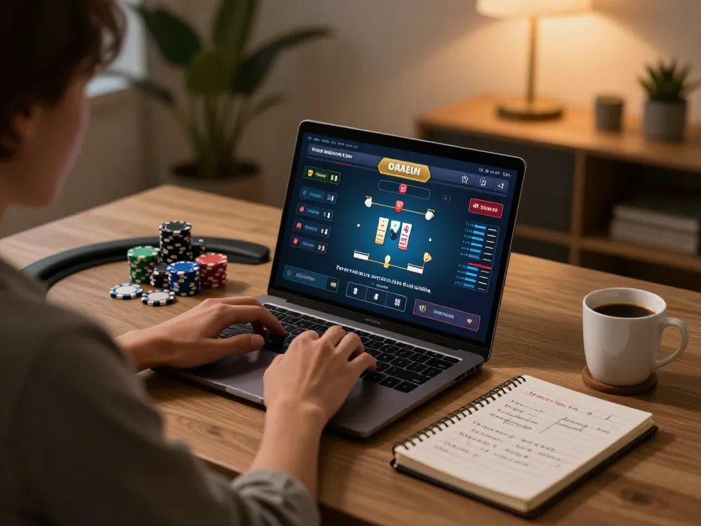 Person engaged in RR88 SELECT online poker game, strategizing with notebook and laptop.