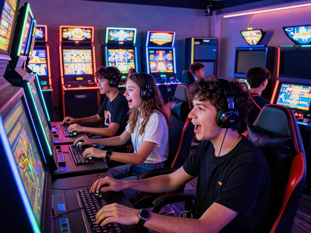 Dynamic slot gaming scene with excited players enjoying interactive machines in a modern gaming lounge.
