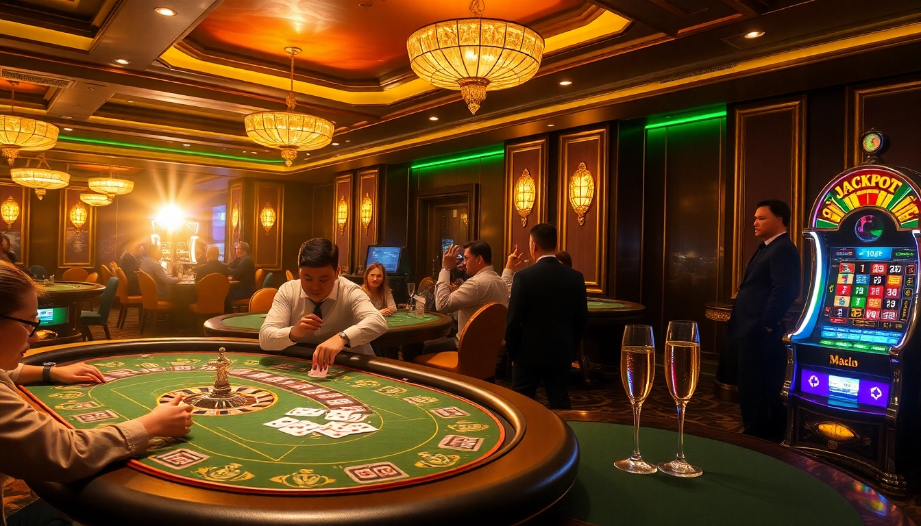 A vibrant scene of Lô Đề Trực Tuyến showcasing professional gaming tables, players, and a thrilling roulette wheel.