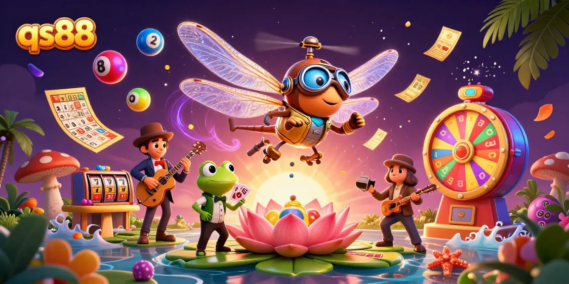 Experience the thrill of qs88 casino gaming with a dragonfly pilot and frog croupier in vibrant 3D illustration.