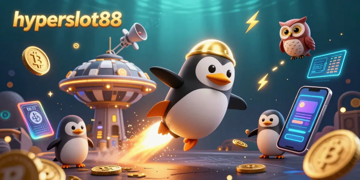 Play thrilling games with hyperslot88, featuring a golden penguin and crypto elements in a vibrant casino scene.