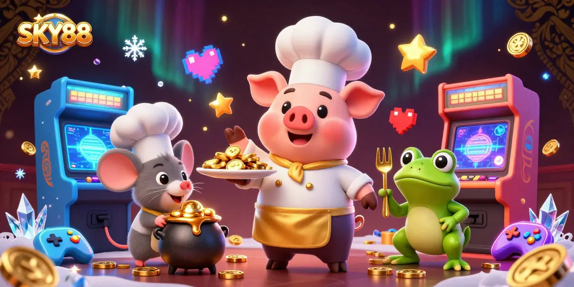 Engage with SKY88's vibrant casino scene featuring a chef pig serving gold coins.