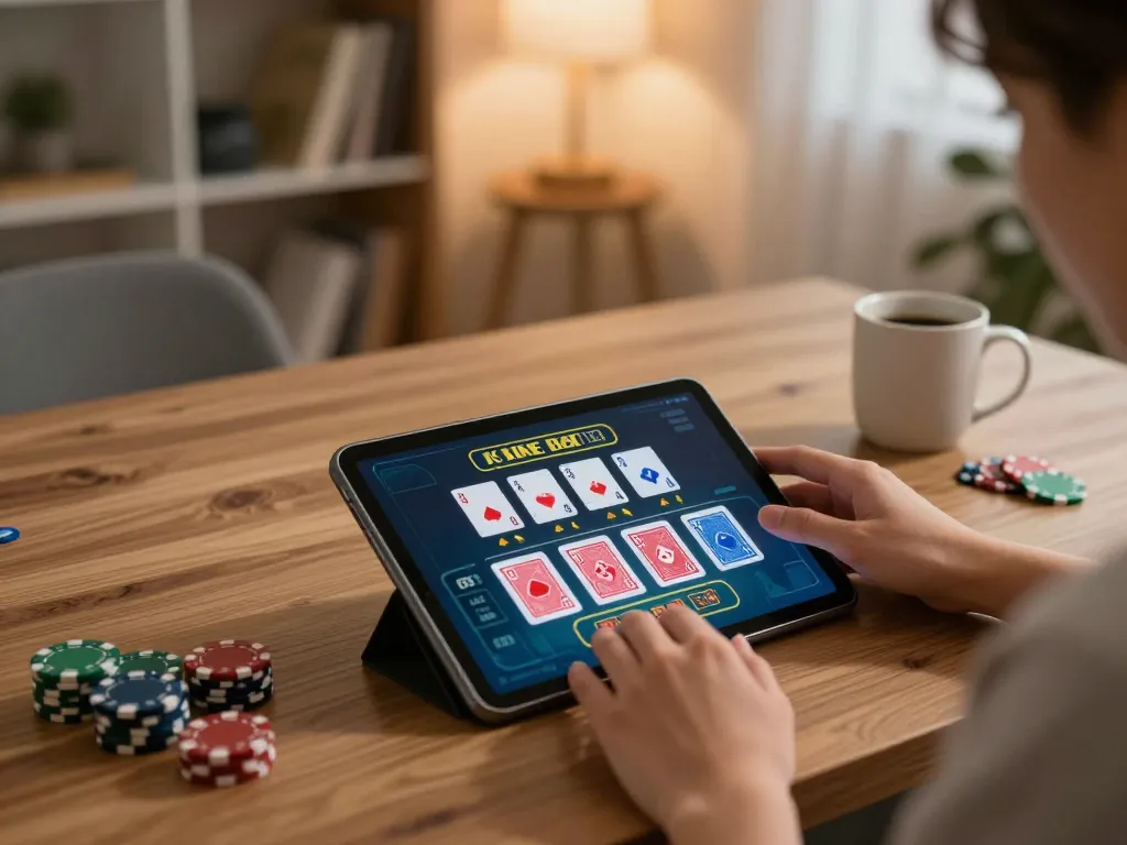 Participating in live dealer blackjack on MM99 COM with a tablet in a cozy home setup.