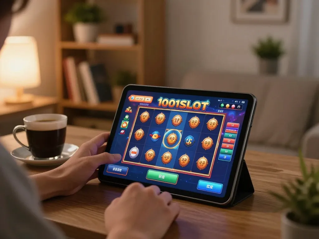 Engaging gameplay moment with 1001SLOT on a tablet, showcasing vibrant graphics in a cozy home setting.