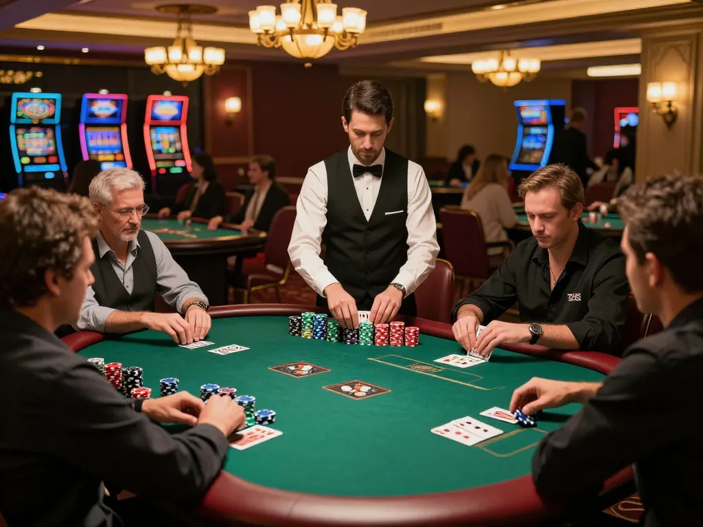 Players at an exciting poker table in a lavish casino, showcasing competitive spirit and the link cendana777.