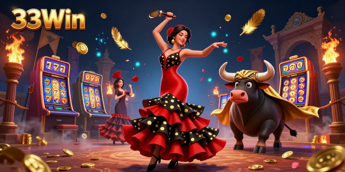Experience the excitement of 33Win with a vibrant casino-themed illustration featuring dynamic characters.