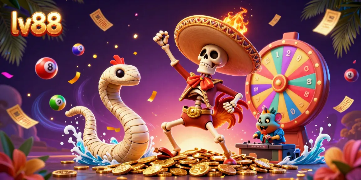 Experience the excitement of lv88 with a fiery mariachi rooster and colorful prizes in this vibrant casino scene.