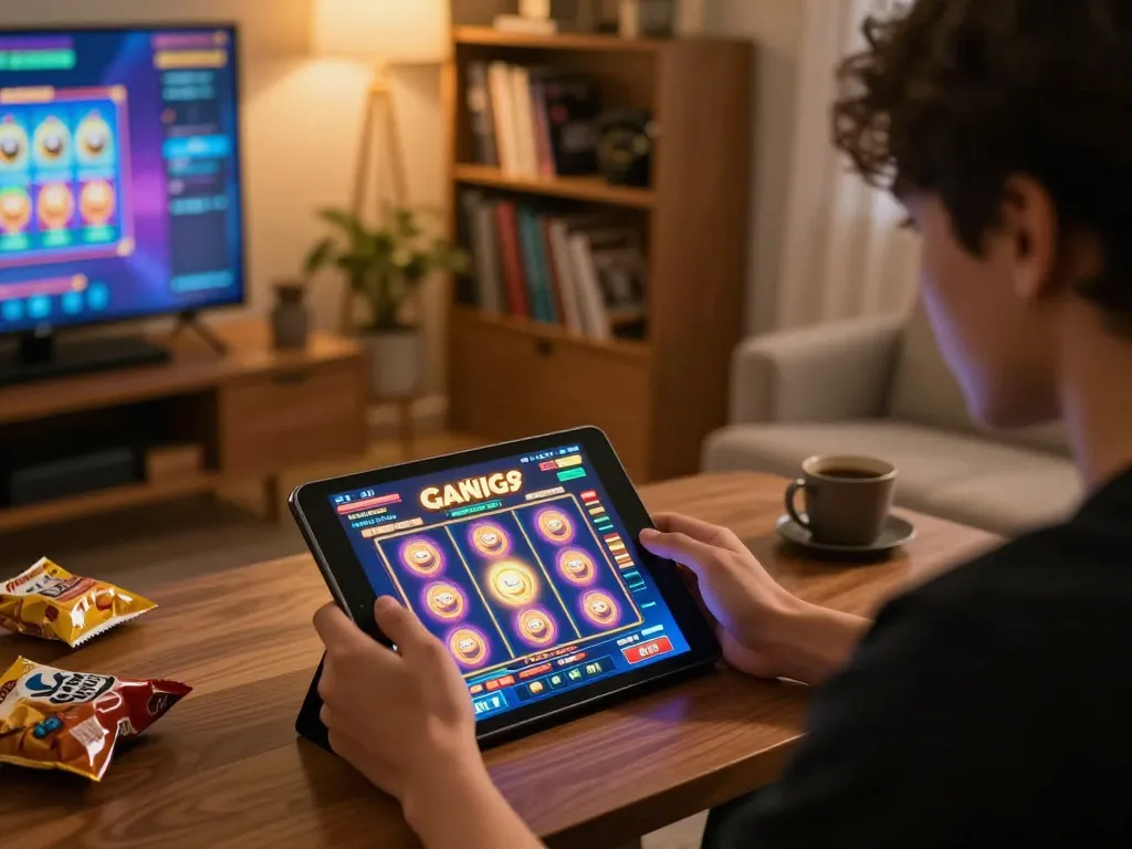 Engaging with slot gacor gameplay on tablet during an exciting home session