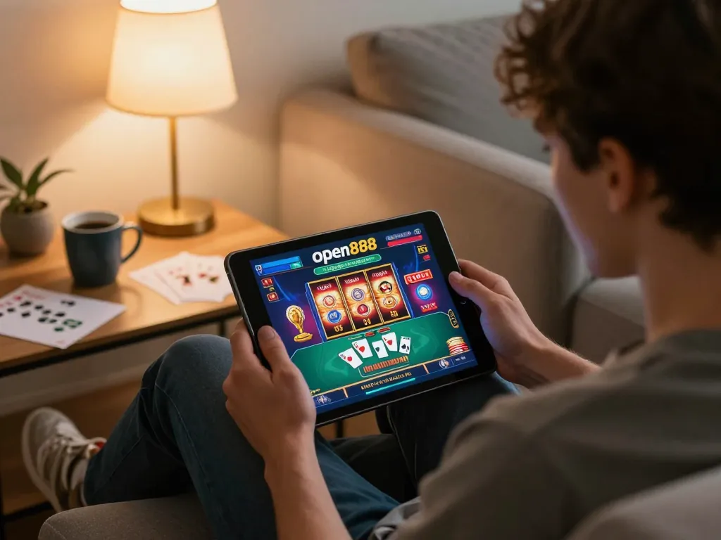 Engaged player enjoying the open888 casino app on tablet in a cozy home setting, focusing on smart gaming strategy.