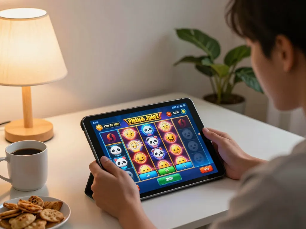 Permainan slot online Panda Win di tablet dalam pengaturan rumah yang nyaman dengan camilan di dekatnya.