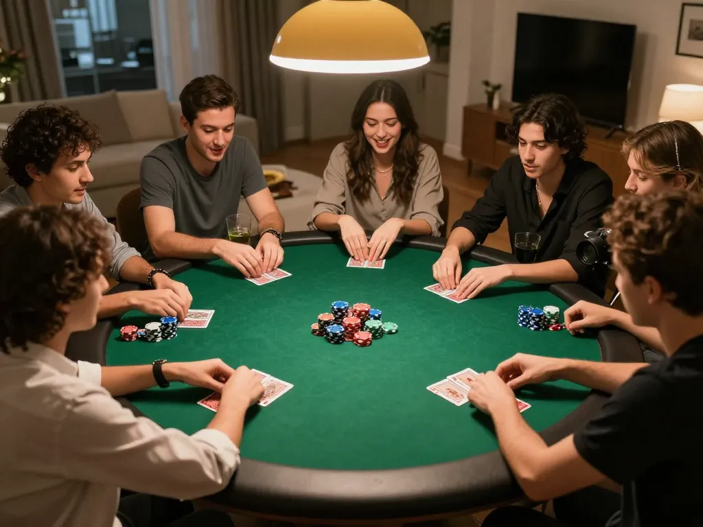 nhà cái 388bet players enjoying a strategic poker game around a vibrant home table, highlighting camaraderie and competition