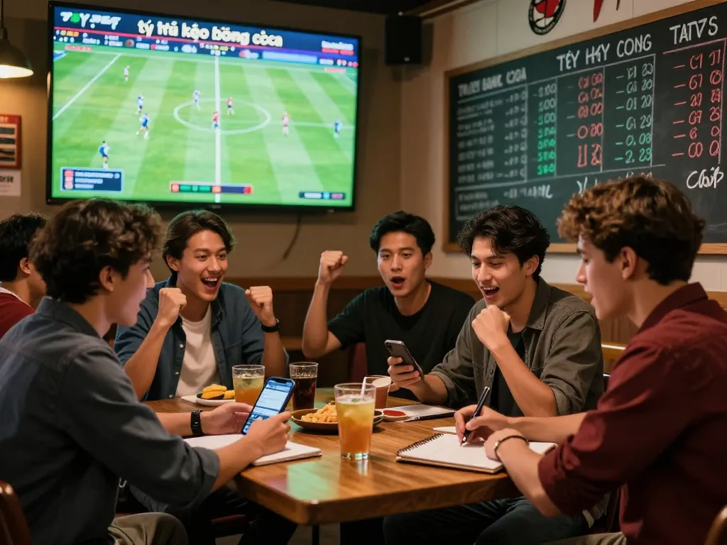 Enthusiastic bettors analyzing tỷ lệ kèo bóng đá in a lively sports bar atmosphere, with screens displaying live matches.