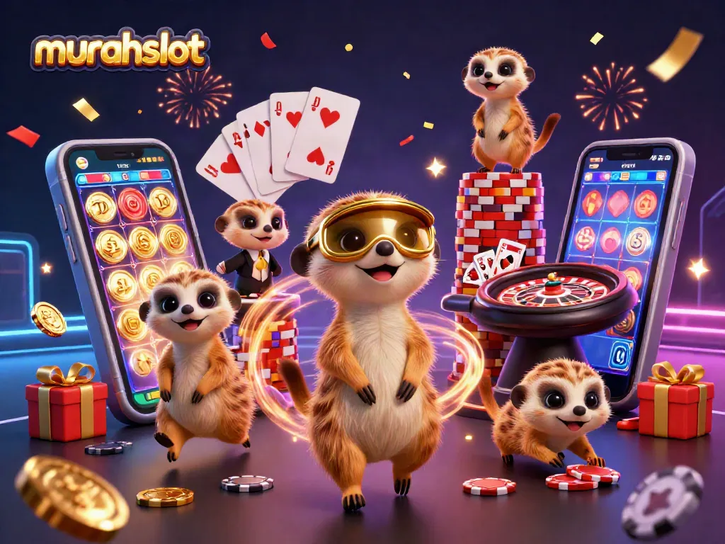 MuraSlot menghadirkan suasana kasino dengan koloni meerkat, slot, dan koin emas. Genggam kesempatan menang!
