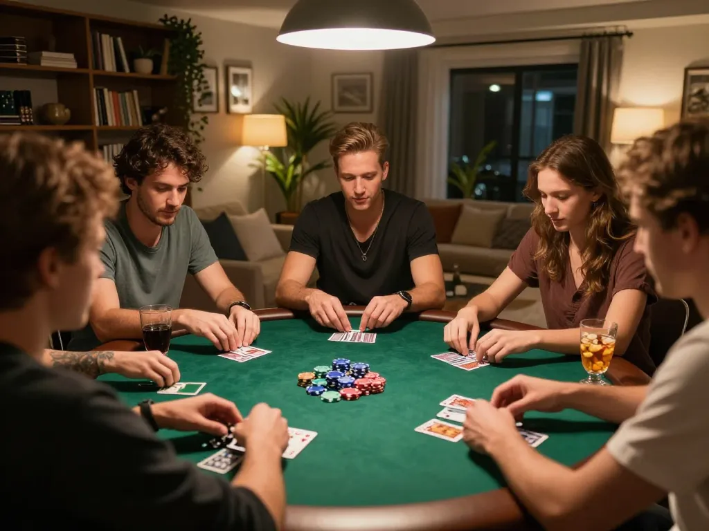Gambling with friends at home during a poker game, showcasing incakoin-themed strategy notes