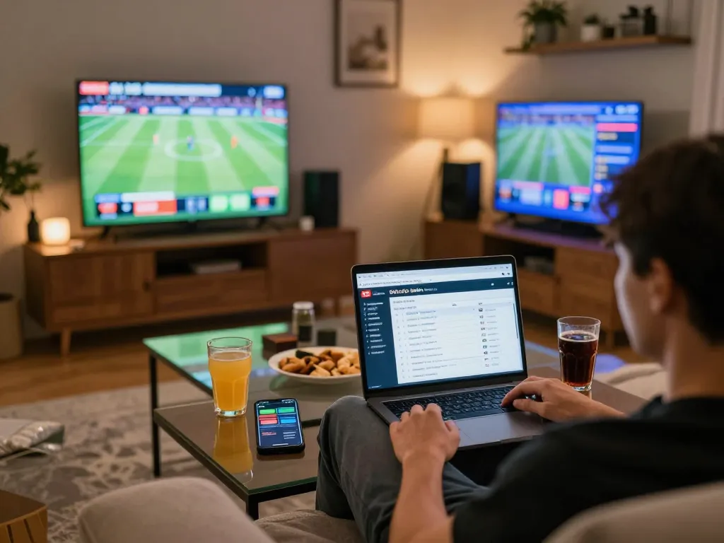 Soi kèo nhà cái hôm nay displayed on a laptop while enjoying comfortable home sports betting setup