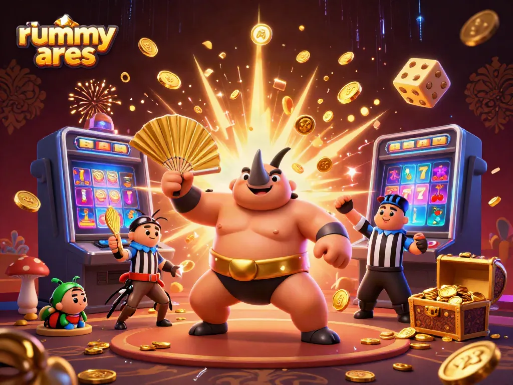Engage with rummy ares as a beetle champion showcases exciting gameplay amidst golden coins and neon lights.