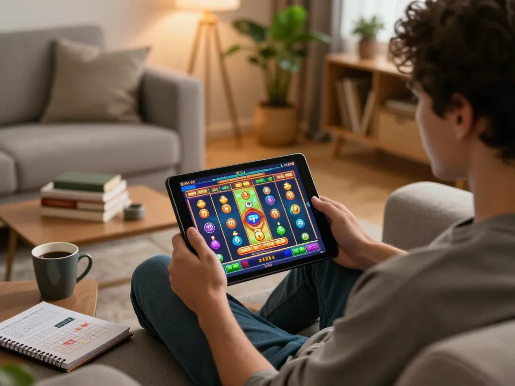 Engaging slot pulsa online gameplay on tablet while relaxing at home
