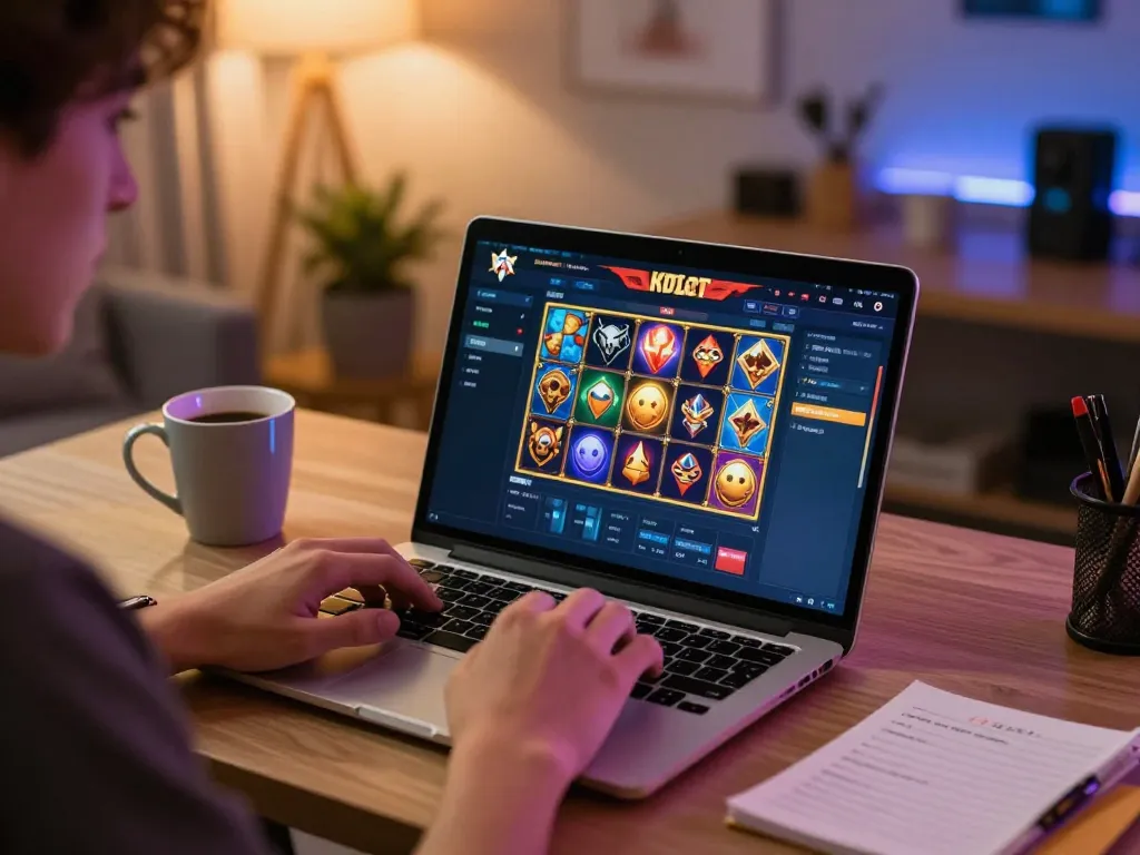 Engaging in kdslot gameplay on a laptop at home, highlighting excitement and responsibility.