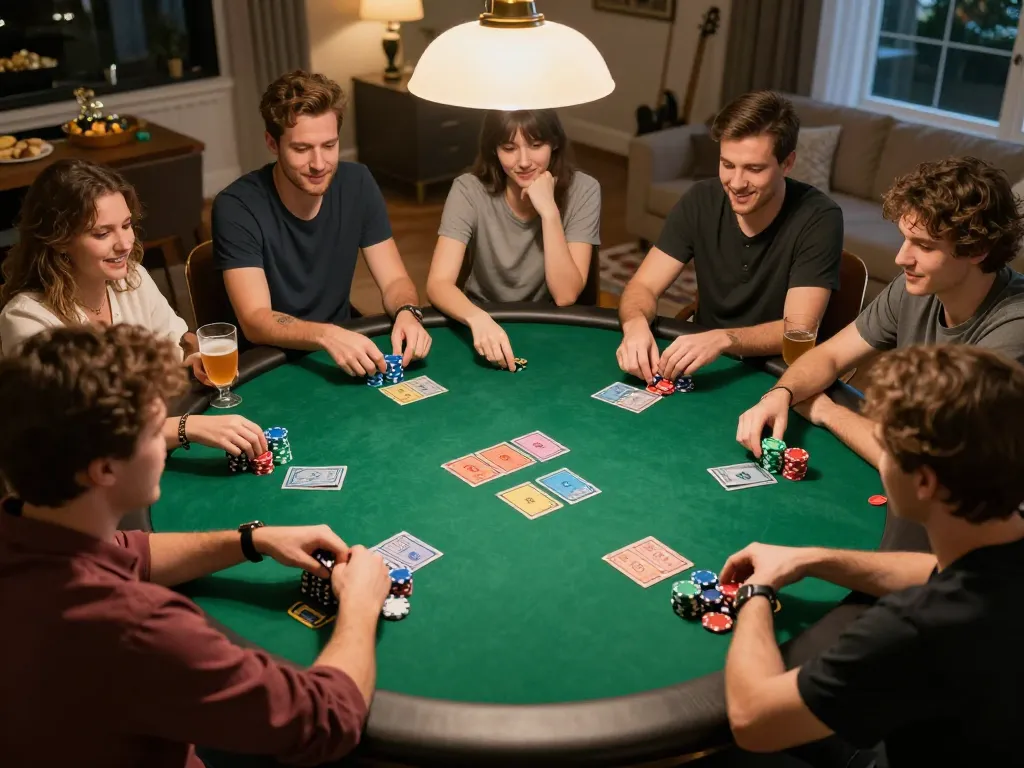 Go8 players engaged in an exciting home poker game with colorful chips and community cards.