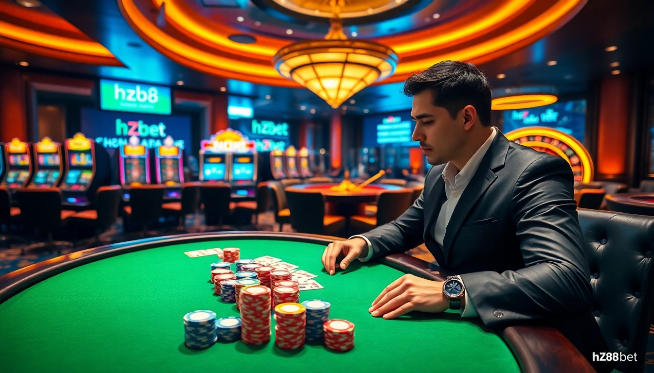 Professional gambler placing strategic hz88 bet chips at an elegant poker table with digital casino interface