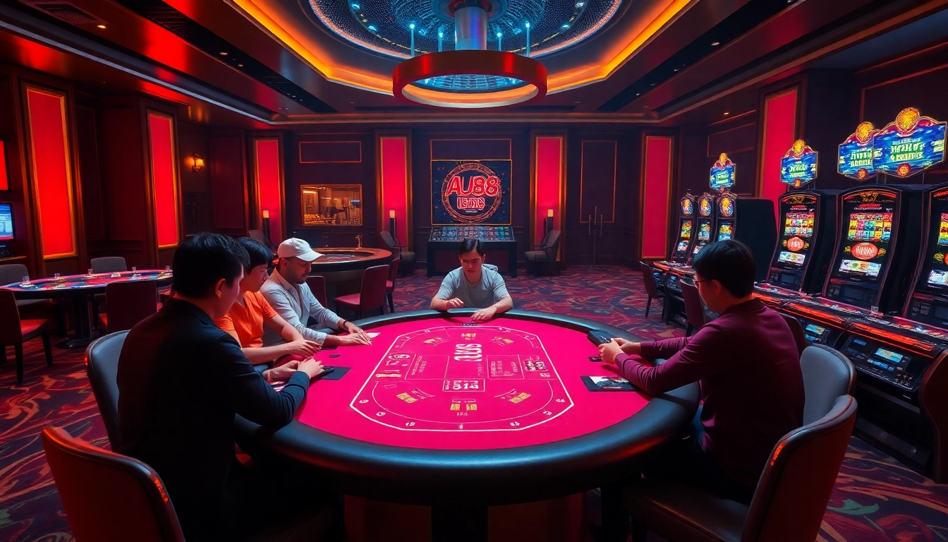 Players enjoying thrilling poker games at AU88 casino table with vibrant chips and cards.