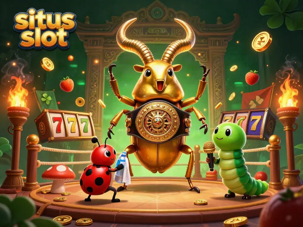 Menampilkan elemen situs slot dengan berbagai simbol buah, slot reels, dan kerumunan, menggambarkan adegan judi yang seru.