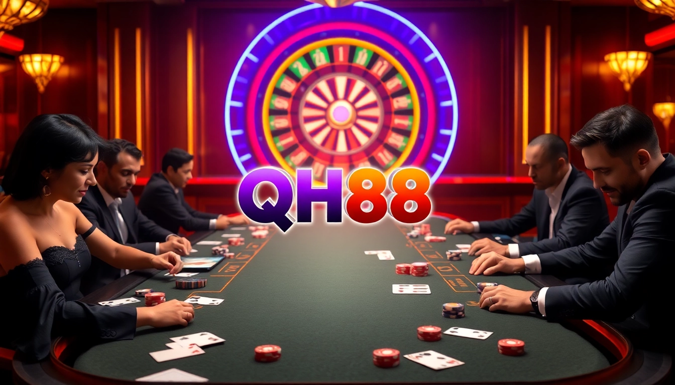 Experience the thrill of QH88 casino with poker tables, vibrant chips, and an exciting atmosphere.