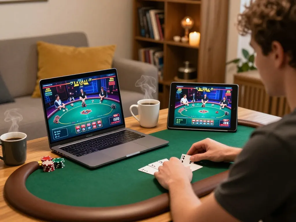 Player enjoys dn88 online poker game with laptop and tablet in cozy home setting