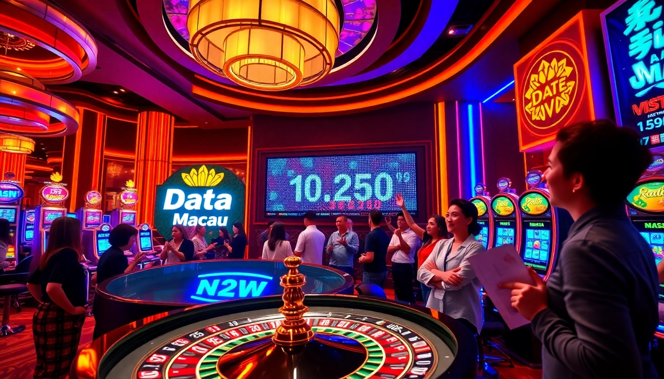 Live draw event showcasing Data Macau on a digital display with excited gamblers and vibrant casino elements.