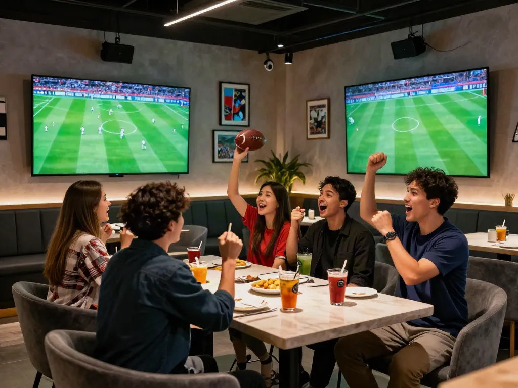 Friends celebrating at a sports lounge while placing bets on www.statymuzona.lt.