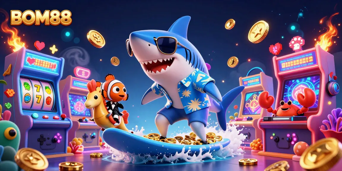 BOM88 brings thrilling casino action with a shark surfing gold coins and vibrant game elements.