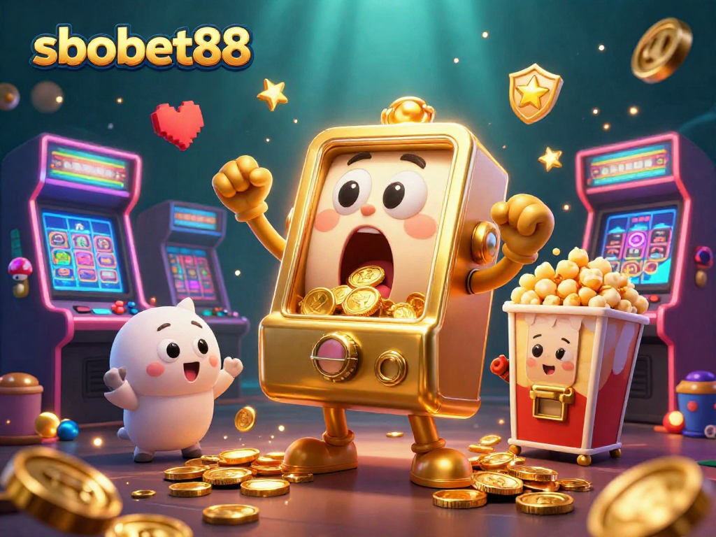 SBOBET88 slot machine celebrating a jackpot, surrounded by cheering baby slots and golden coins.