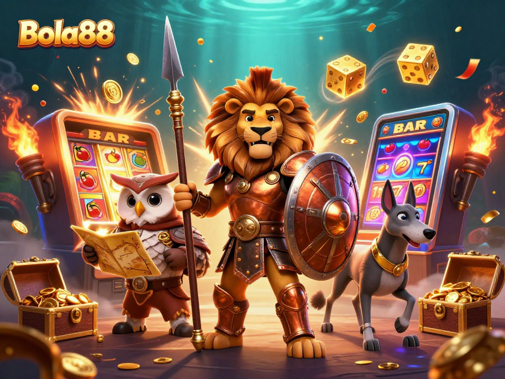 Bola88 memicu jackpot besar dengan mesin slot dan karakter kartun yang beraksi penuh energi.