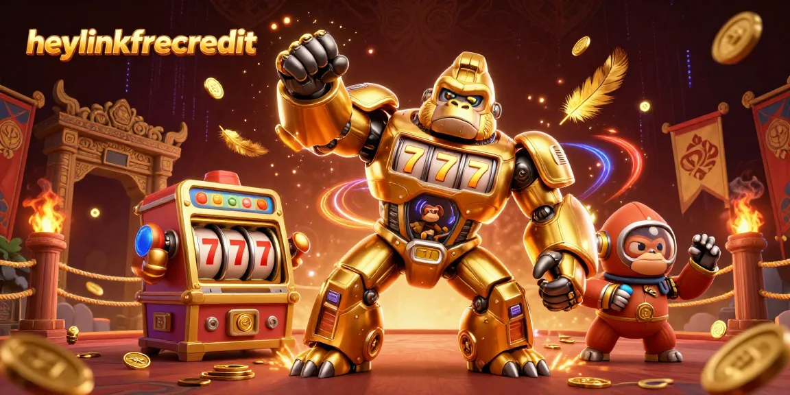 heylinkfreecredit showcases a golden gorilla mech with a jackpot counter in an explosive casino scene
