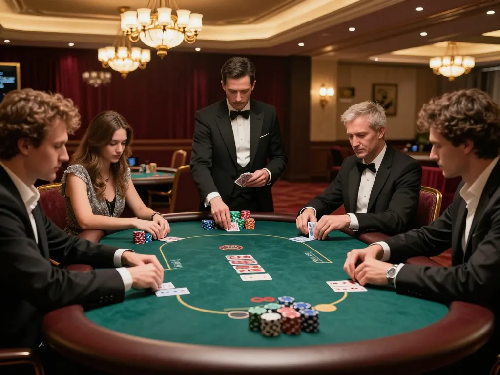 RR88 players enjoying an exciting poker game at a luxury casino table amidst an upscale atmosphere.