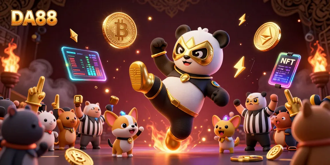 Experience thrilling action at DA88 with a panda wrestler's flying kick amidst crypto elements and cheering animals.