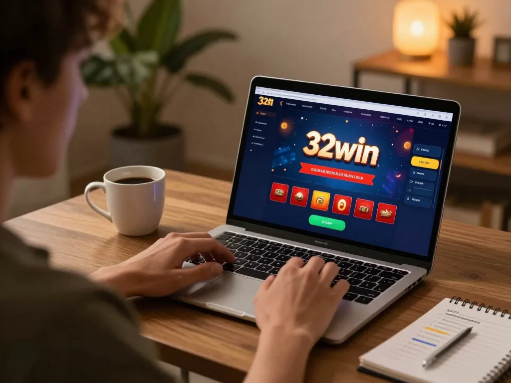 Engaging gameplay with 32win casino interface on laptop in a cozy home setting