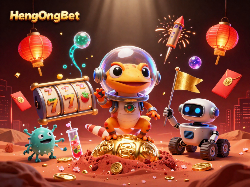 Experience thrilling gameplay at HengOngBet with an exciting scene of a Martian gecko discovering a casino.