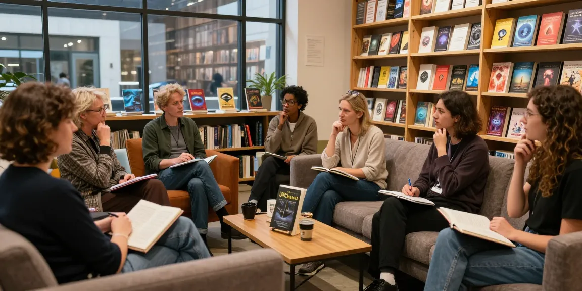 Diverse readers gather at https://tallengreenfield.com bookstore discussing T Allen Greenfield's award-winning book 'UFOnauts' in a cozy atmosphere.