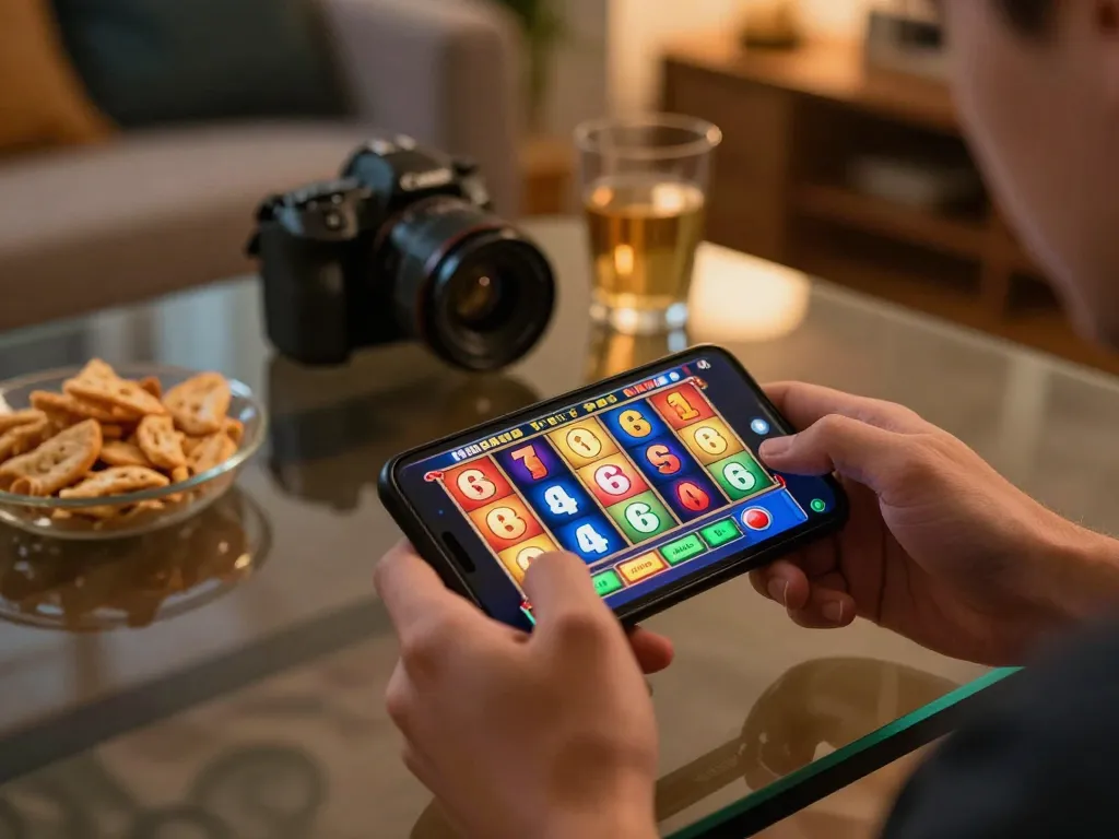 Player engaged in dash88 slots game on smartphone, showcasing vibrant gameplay in cozy setting.