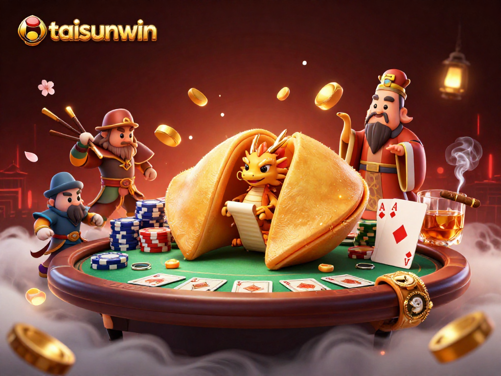Engage with taisunwin at an exciting poker scene featuring a golden fortune cookie and magical characters.