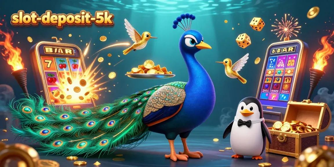 Engaging scene at slot-deposit-5k with cartoon characters, vibrant slot machine, and festive casino atmosphere.