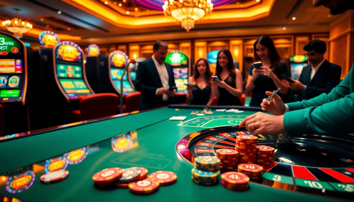 Engaging casino experience featuring 13win branding with players at roulette and slot machines.