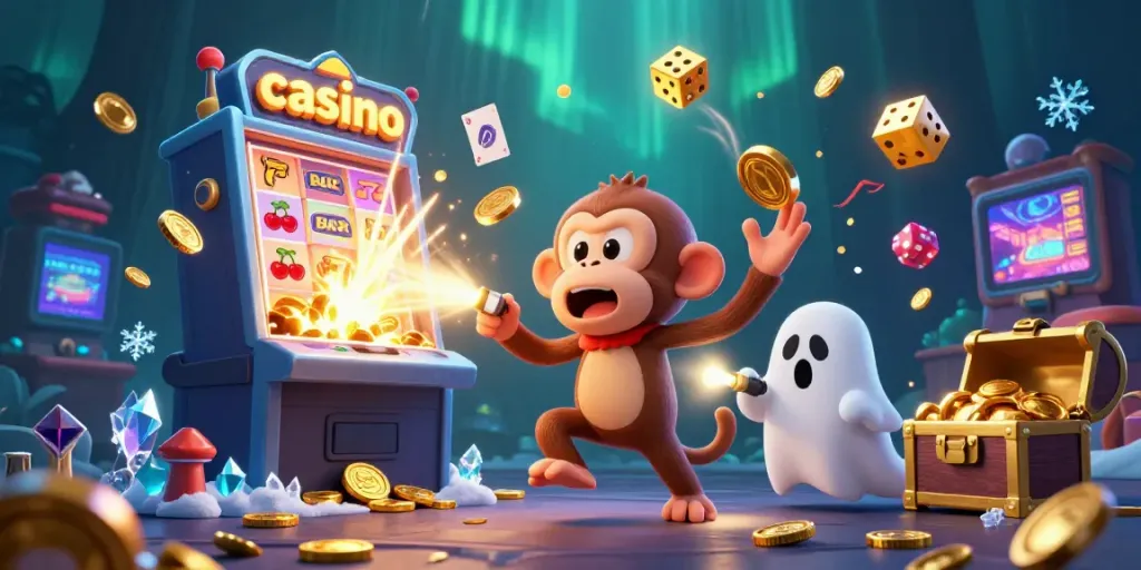 Catch winning moments in a vibrant casino scene with a playful monkey and a curious puppy.